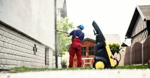 Residential exterior painting preparation with pressure washing
